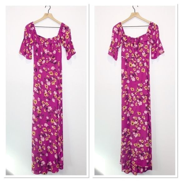 Flynn Skye Dresses & Skirts - Flynn Skye Berry Floral Kiss Off Shoulder Short Smocked Sleeve Maxi Dress Small